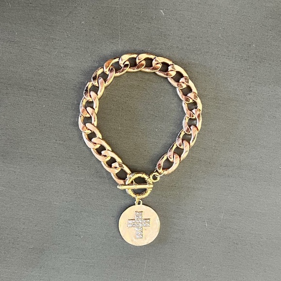 Cross Gold Rhinestone Charm Chain Paperclip Link Toggle Bracelet Christian Faith - Picture 4 of 5